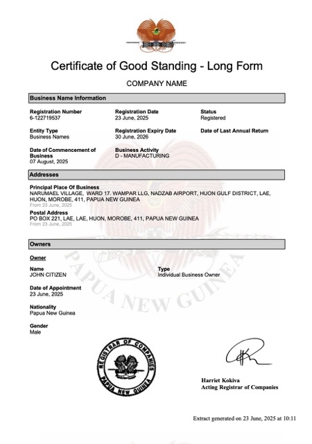 New Guinea certificate of good standing  Word and PDF template, version 2